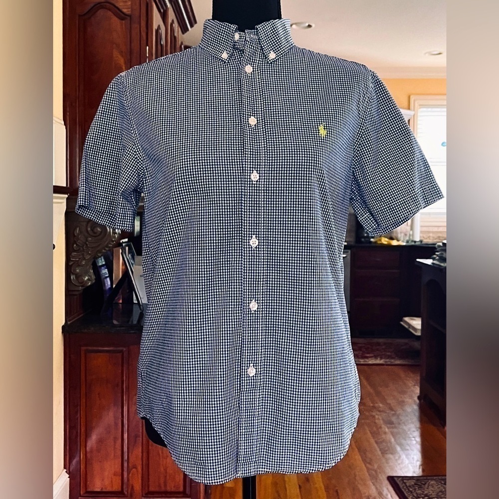 Ralph Lauren Navy White Check Button Down Shirt Size 14 16